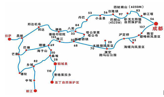 成都到四姑娘山路线图